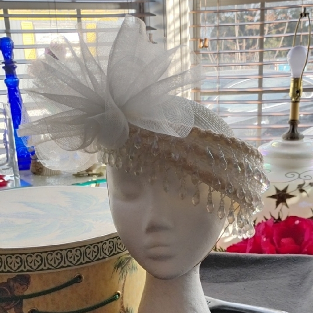 Elegant White Fascinator with Beaded Accents